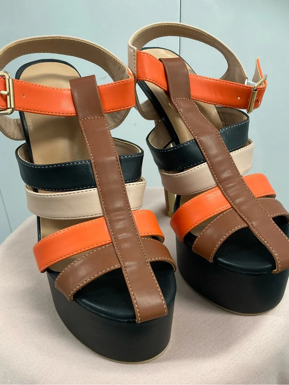 Multi-Color Platform Strappy Sandals - Orange, Brown, Black, Cream